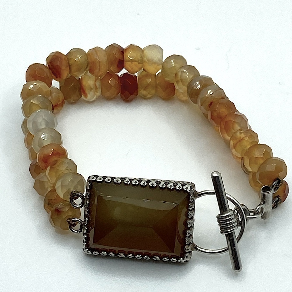 Vtg Sterling & Agate Chunky Beaded Toggle Clasp Bracelet 7”